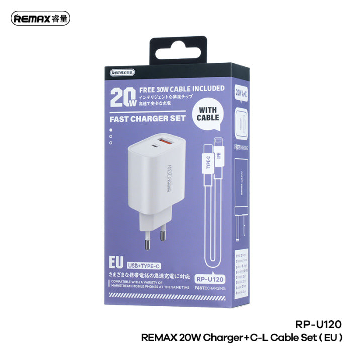 REMAX RP-U120 20W A+C Fast Charger+C-L Cable Set
