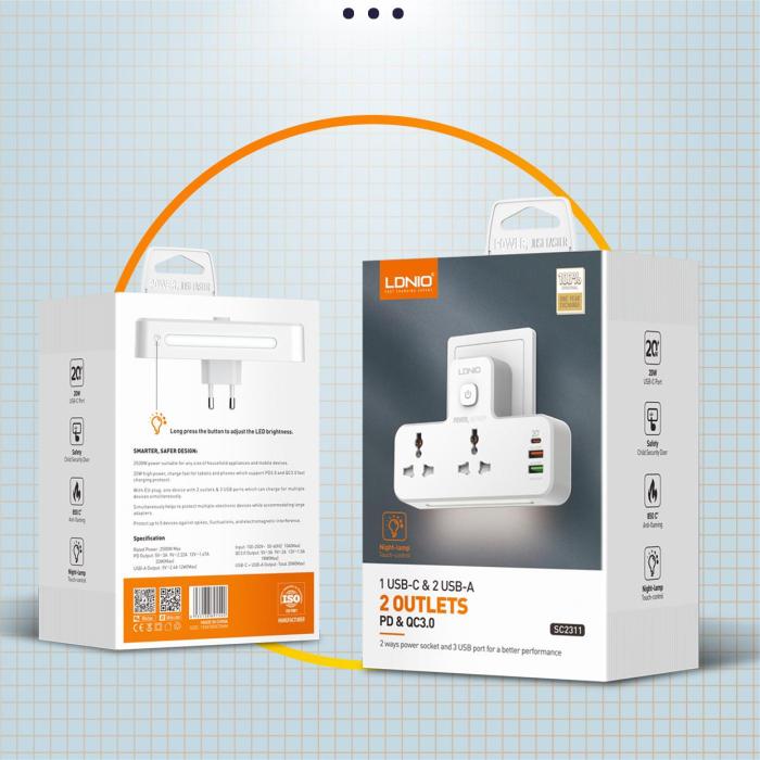 LDNIO SC2311 2 Power Socket + 3USB 20W Universal Power Socket