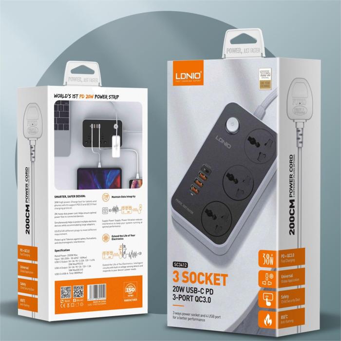 LDNIO SC3412 3 Power Socket + 4USB 20W Universal Power Socket