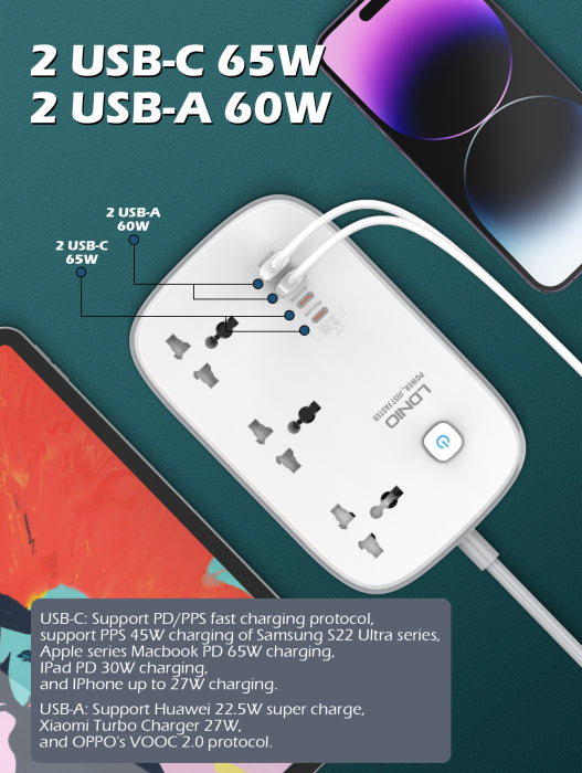 LDNIO SC3416 3 AC Outlets 4 USB Power Strip 65W Smart Power Socket