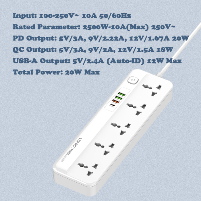 LDNIO SC5415 5 AC Outlets 4 USB Strip 20W Power Socket